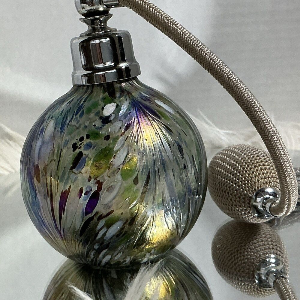 I.W. Rice Pulled Feather Blue  Iridescent Art Glass Perfume Bottle with Atomizer